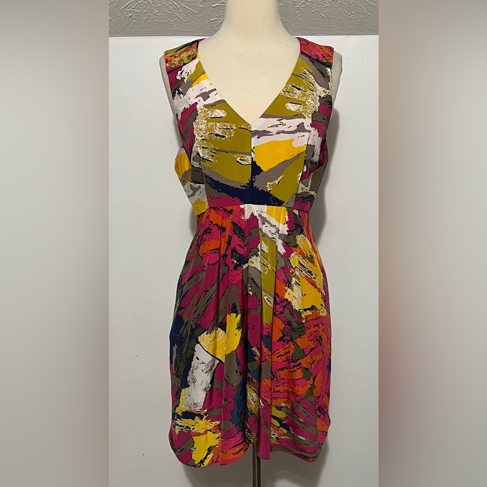 Tibi New York Silk Abstract Print Mini Dress Button Shoulder